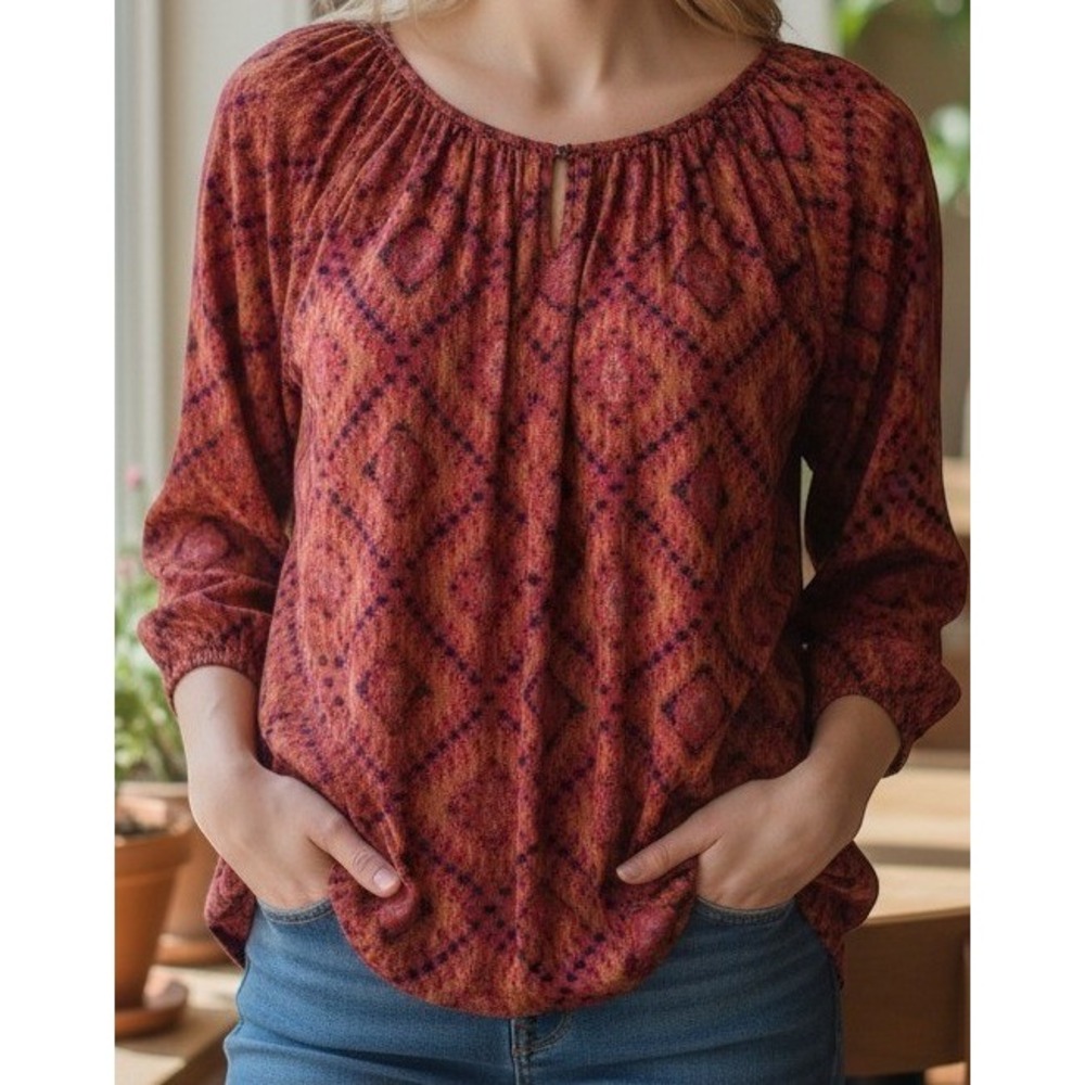 Lucky Brand Blouse‎ Womens S Ikat Geometric Print 3/4 Sleeve Boho Peasant